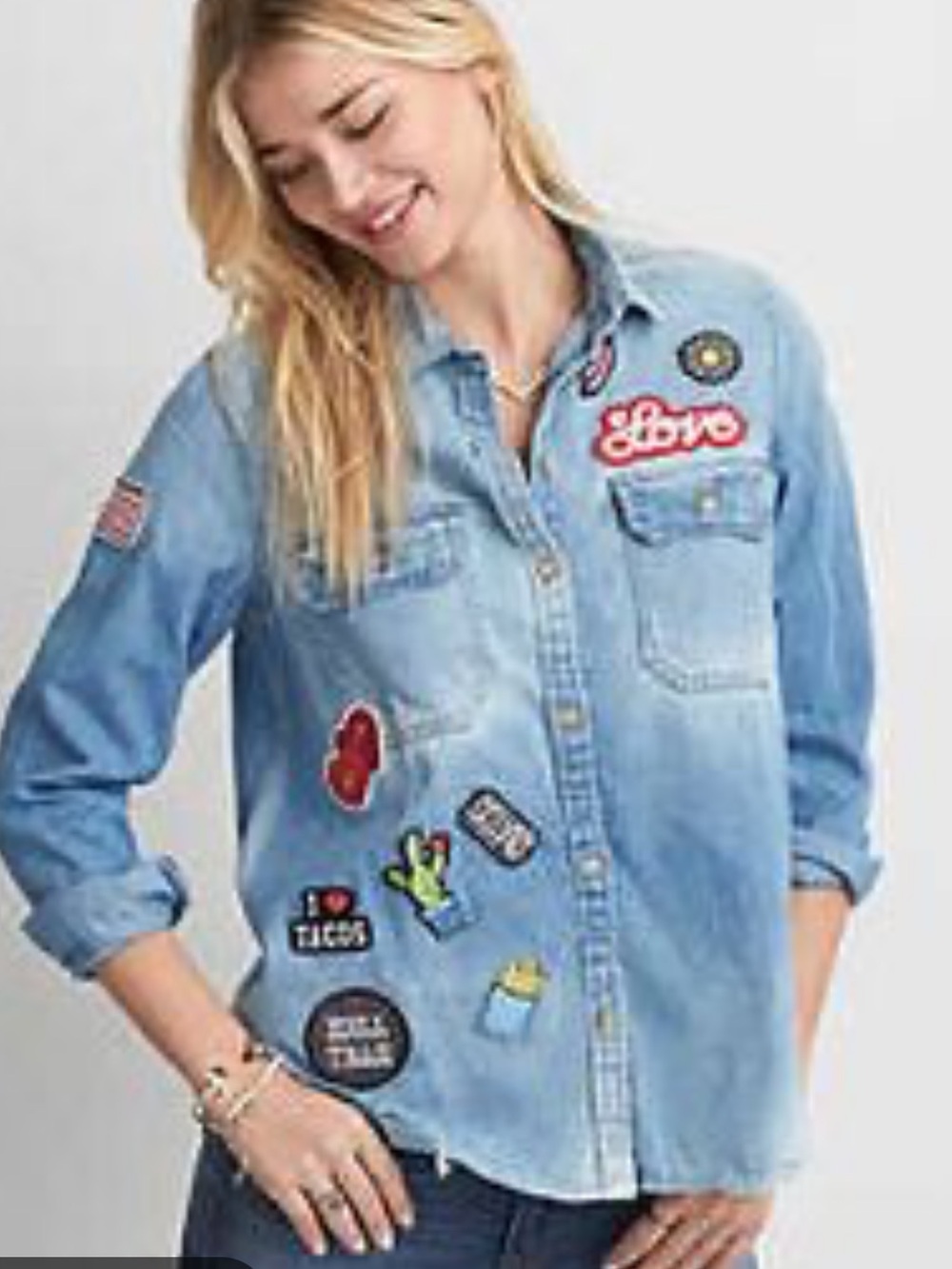 American Eagle Outfitters Light Blue Denim Shirt with Patches Size XL Distressed